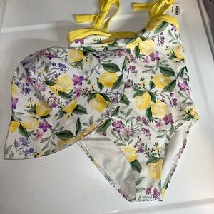 Floral Lemon Print Swimsuit and Hat Set